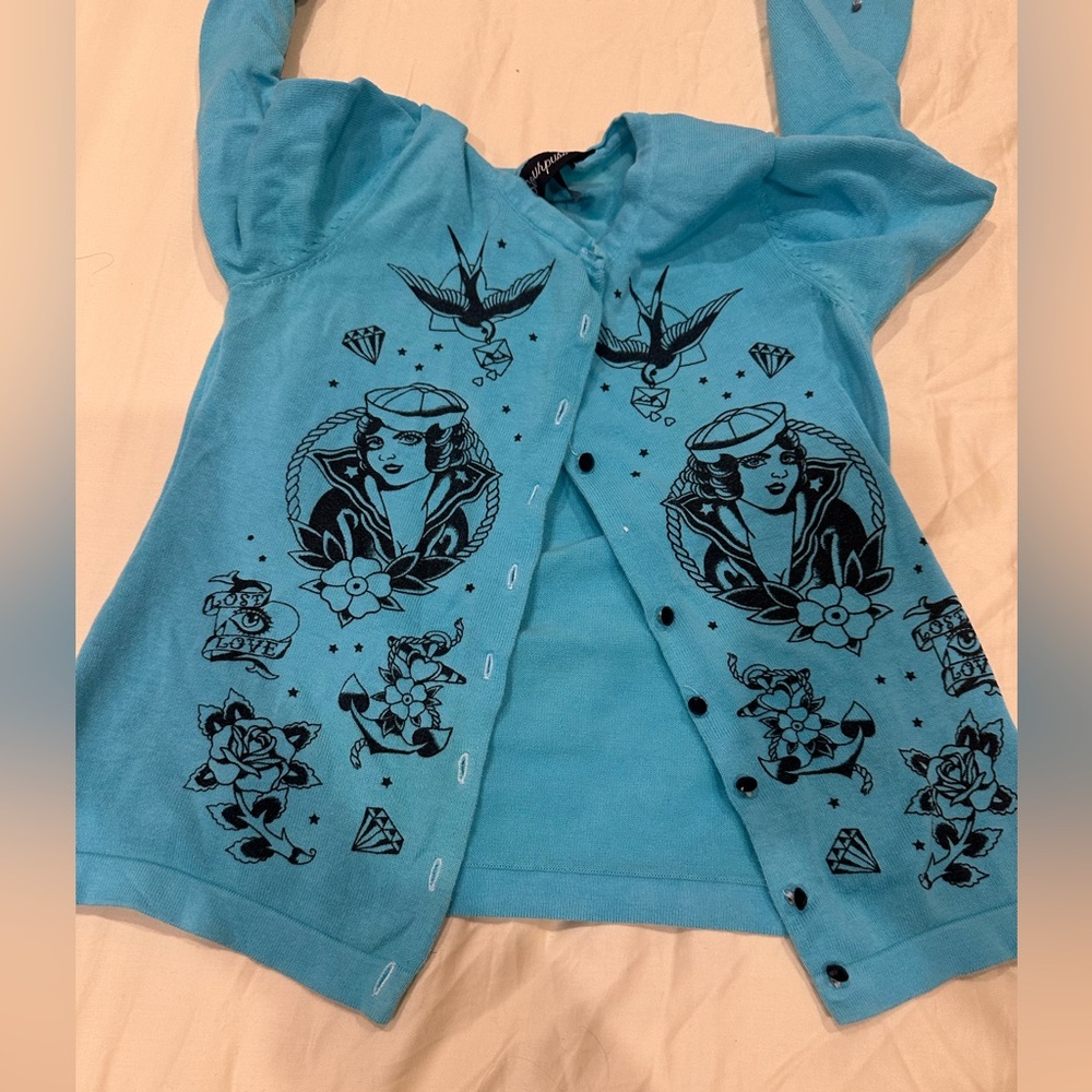 Sourpuss Turquoise Blue Graphic Button-Up Cardigan - Picture 6 of 14